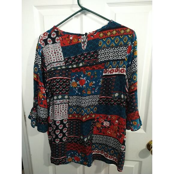 New Direction Woman's XL Blouse Patchwork Floral Boho Chic Flare 3/4 Sleeves - Picture 8 of 9